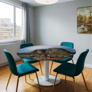 Blue Grey Table Cloth Round Tablecloth Autumn with Rocks and Clouds Scenery Wipe Clean Table Cover for Outdoor/Indoor Use Fishing Hut Fit for 36"-39" Table