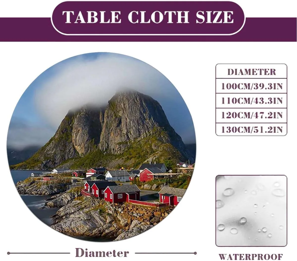 Blue Grey Table Cloth Round Tablecloth Autumn with Rocks and Clouds Scenery Wipe Clean Table Cover for Outdoor/Indoor Use Fishing Hut Fit for 36"-39" Table