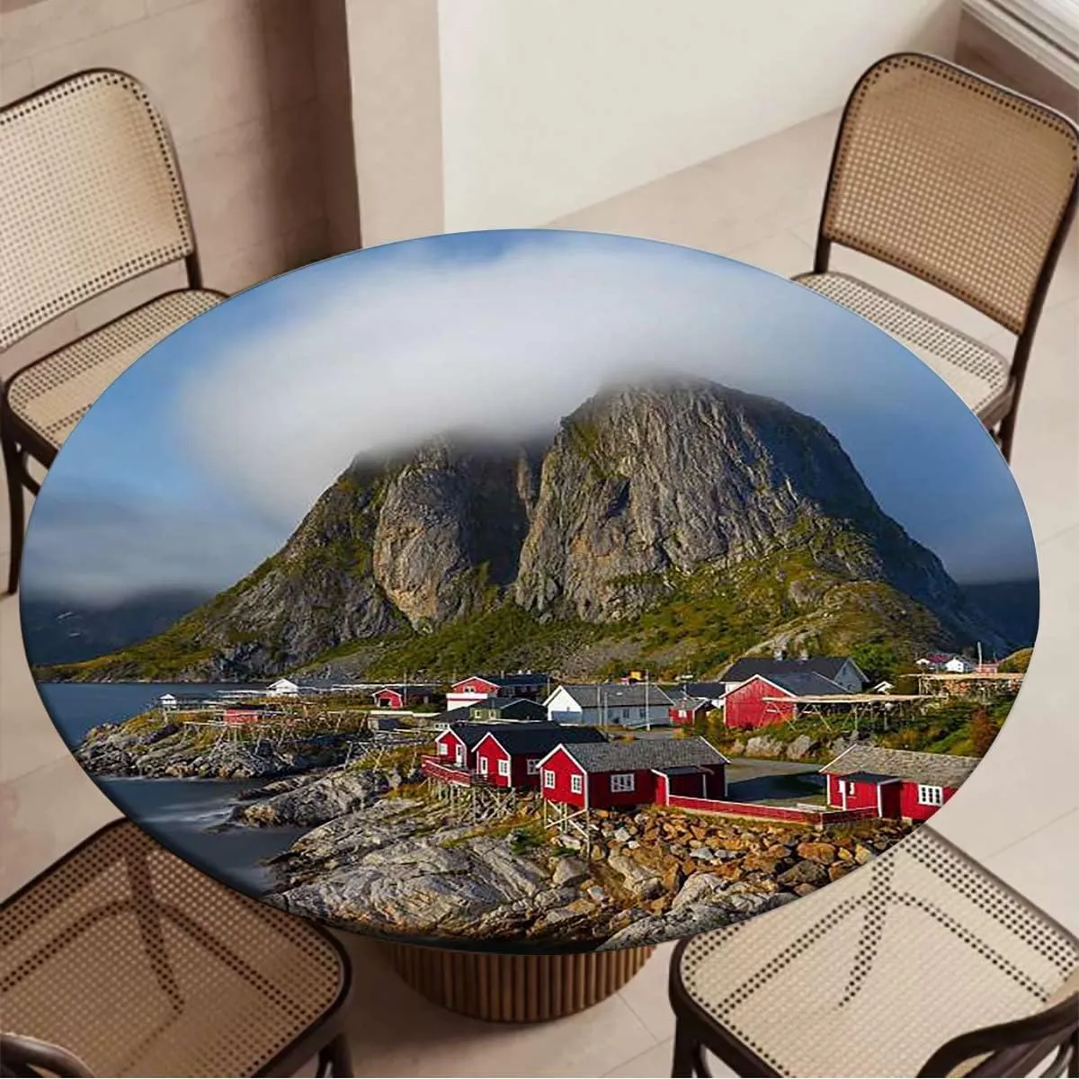 Blue Grey Table Cloth Round Tablecloth Autumn with Rocks and Clouds Scenery Wipe Clean Table Cover for Outdoor/Indoor Use Fishing Hut Fit for 36"-39" Table