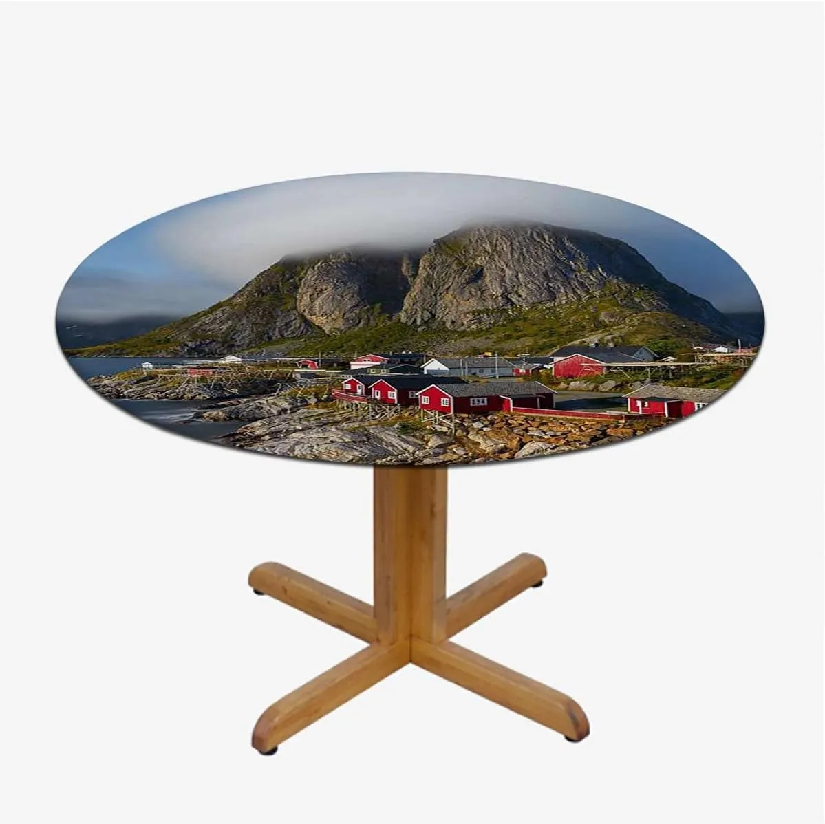 Blue Grey Table Cloth Round Tablecloth Autumn with Rocks and Clouds Scenery Wipe Clean Table Cover for Outdoor/Indoor Use Fishing Hut Fit for 36"-39" Table