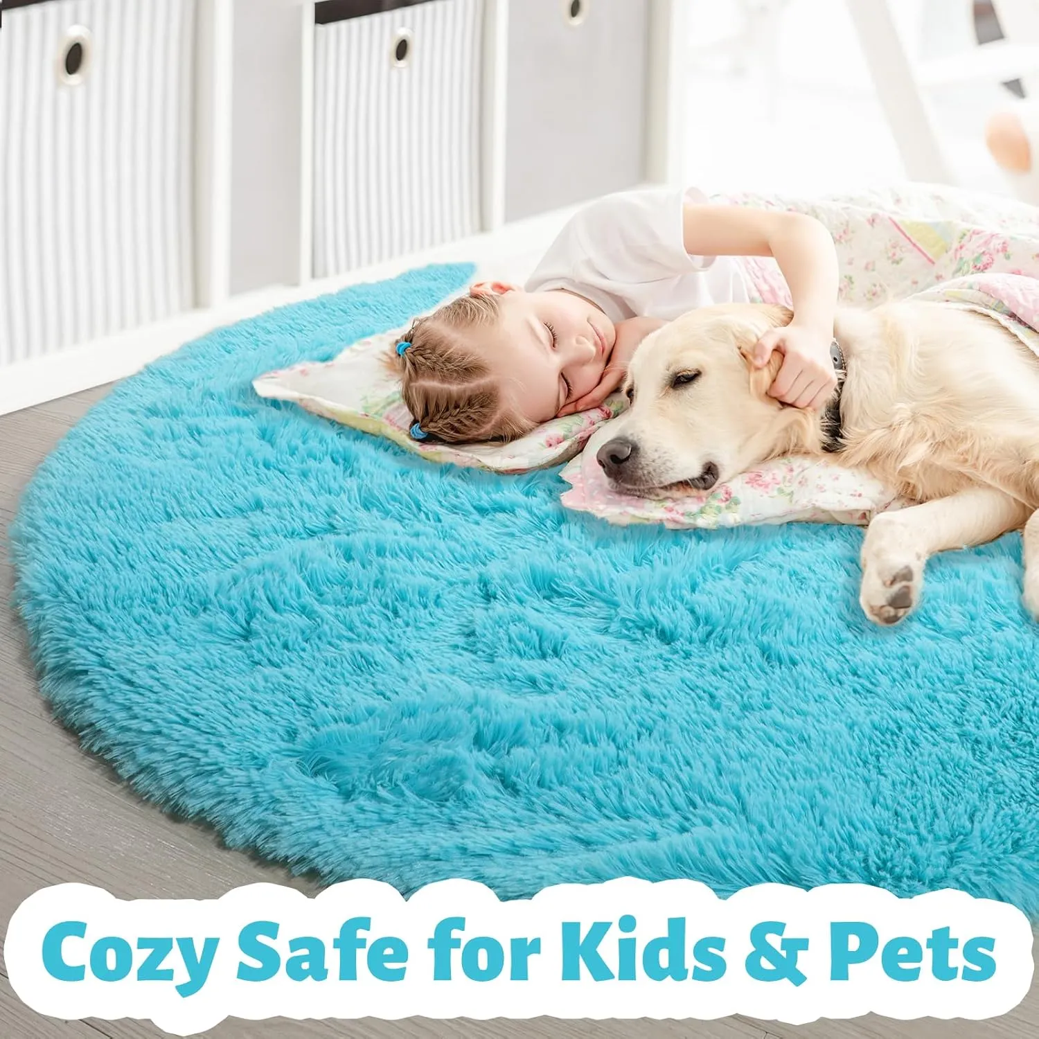 Blue Soft Round Rugs 4Ft for Kids Bedroom, Washable Fluffy Circle Area Rugs for Teen Girls Boys, Cute Play Room Decor Aesthetic, Plush Shaggy Fuzzy Carpet for Nursery Classroom Preppy Dorm Playroom