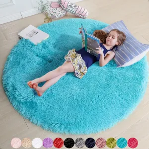 Blue Soft Round Rugs 4Ft for Kids Bedroom, Washable Fluffy Circle Area Rugs for Teen Girls Boys, Cute Play Room Decor Aesthetic, Plush Shaggy Fuzzy Carpet for Nursery Classroom Preppy Dorm Playroom