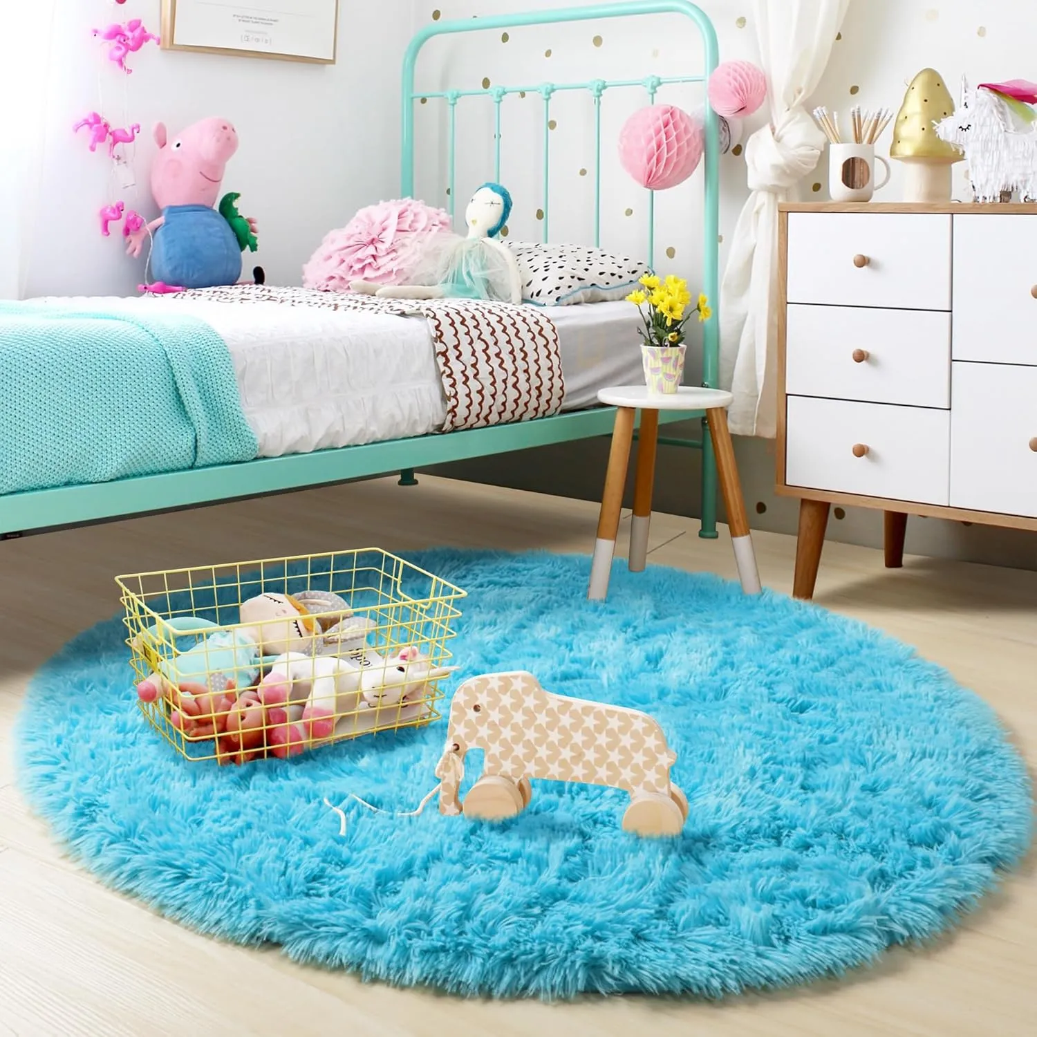 Blue Soft Round Rugs 4Ft for Kids Bedroom, Washable Fluffy Circle Area Rugs for Teen Girls Boys, Cute Play Room Decor Aesthetic, Plush Shaggy Fuzzy Carpet for Nursery Classroom Preppy Dorm Playroom