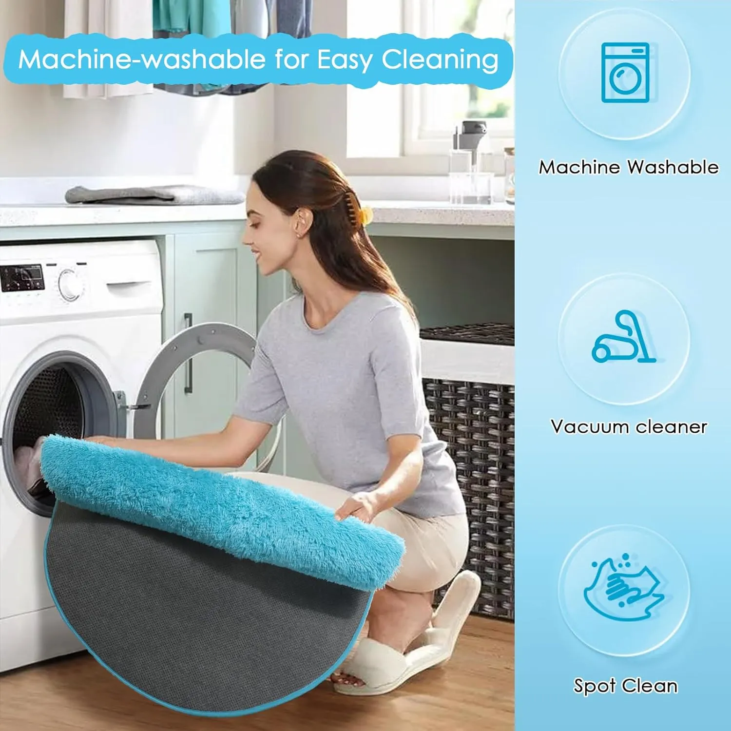 Blue Soft Round Rugs 4Ft for Kids Bedroom, Washable Fluffy Circle Area Rugs for Teen Girls Boys, Cute Play Room Decor Aesthetic, Plush Shaggy Fuzzy Carpet for Nursery Classroom Preppy Dorm Playroom