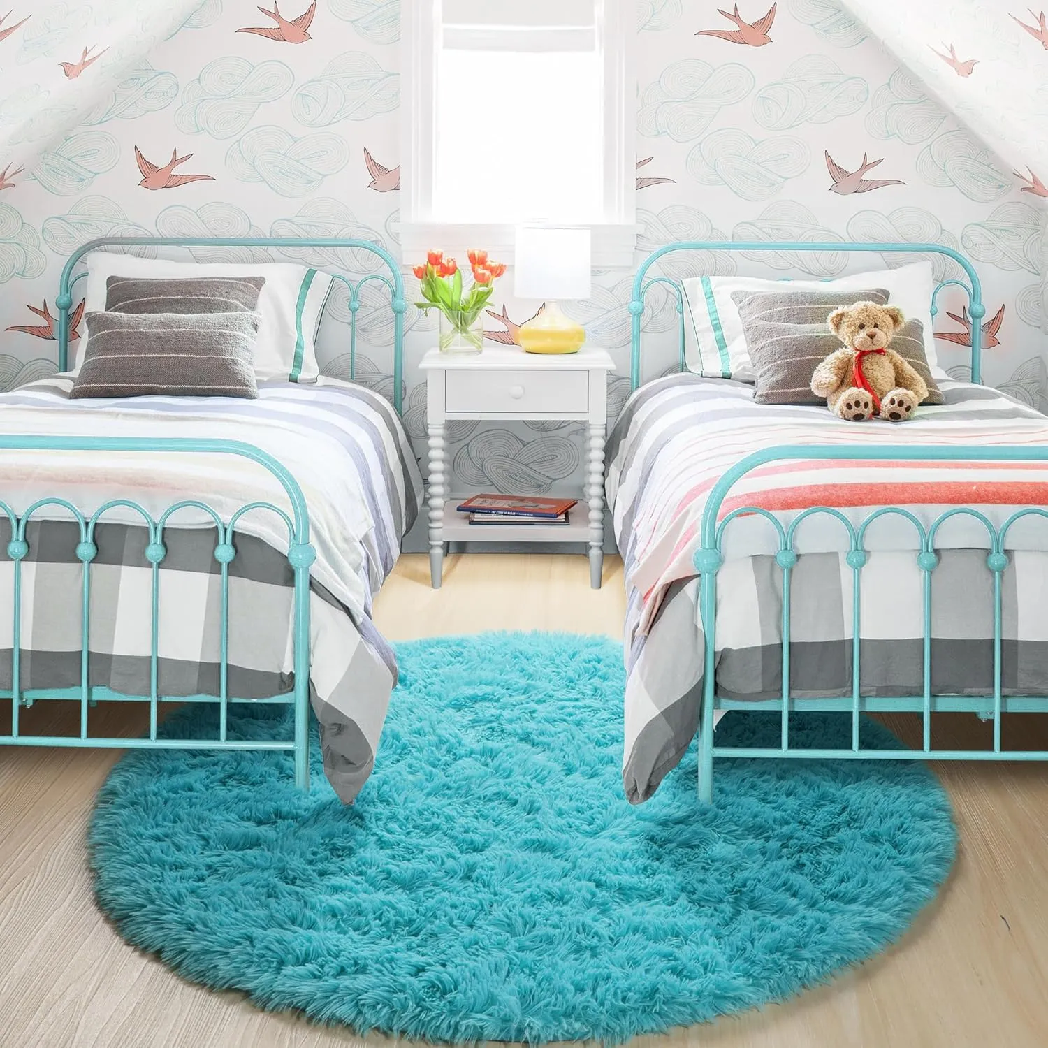 Blue Soft Round Rugs 4Ft for Kids Bedroom, Washable Fluffy Circle Area Rugs for Teen Girls Boys, Cute Play Room Decor Aesthetic, Plush Shaggy Fuzzy Carpet for Nursery Classroom Preppy Dorm Playroom