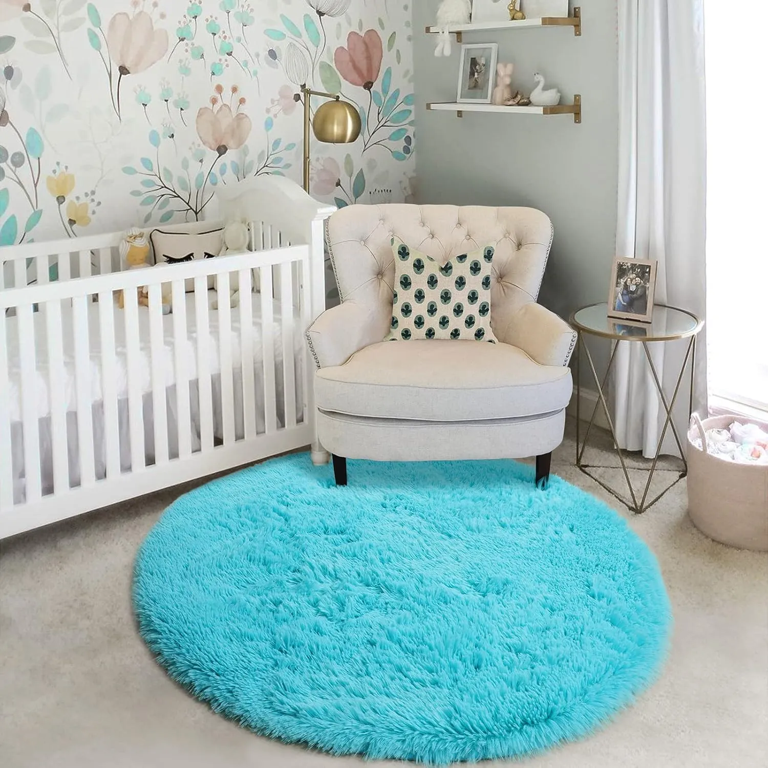 Blue Soft Round Rugs 4Ft for Kids Bedroom, Washable Fluffy Circle Area Rugs for Teen Girls Boys, Cute Play Room Decor Aesthetic, Plush Shaggy Fuzzy Carpet for Nursery Classroom Preppy Dorm Playroom