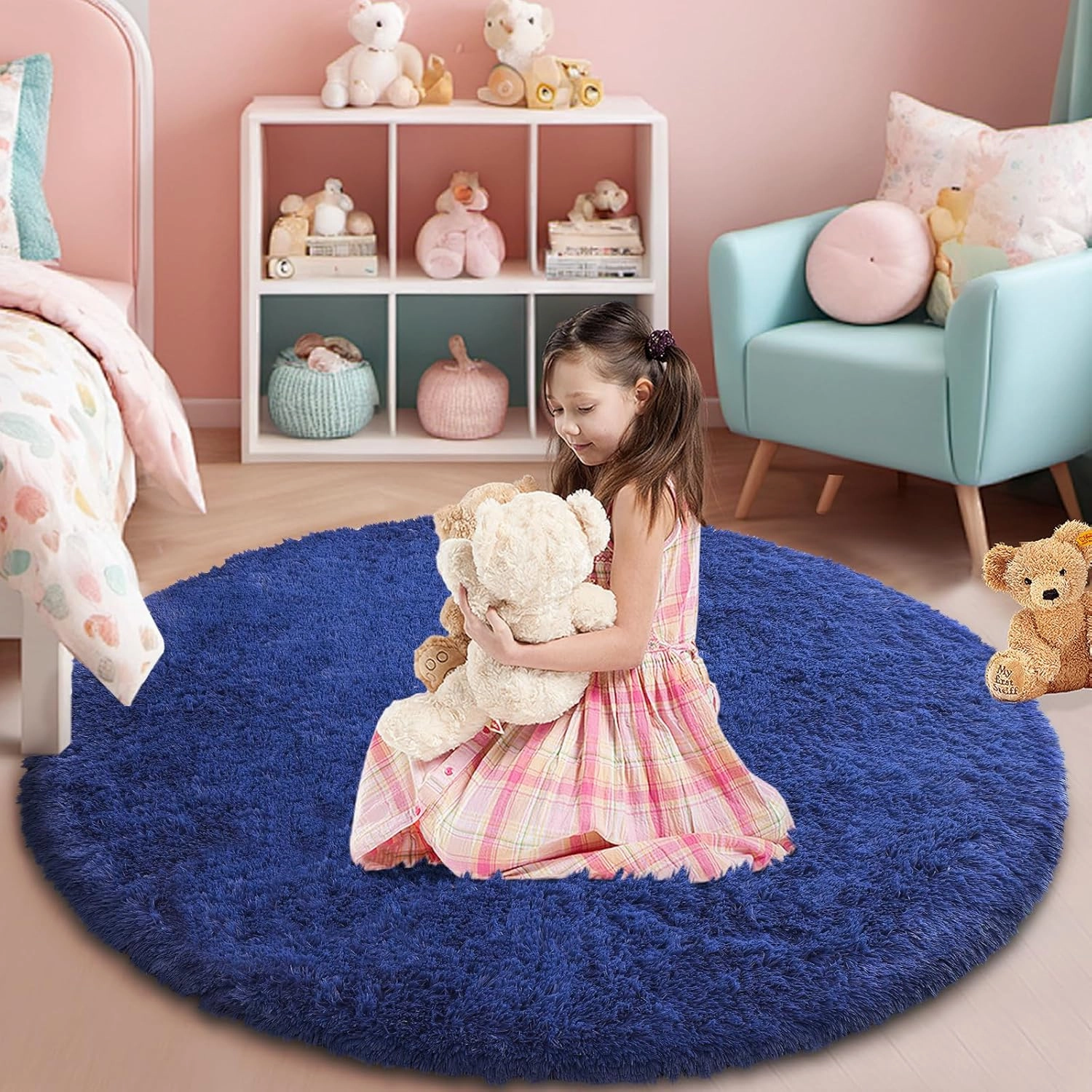 Blue Fluffy Round Area Rugs for Bedroom,3'X3'Shag Circle Area Rugs for Living Room,Non Slip Fuzzy Plush Rug for Kids Room Boys Girls Room and Dorm Home Decor Rug