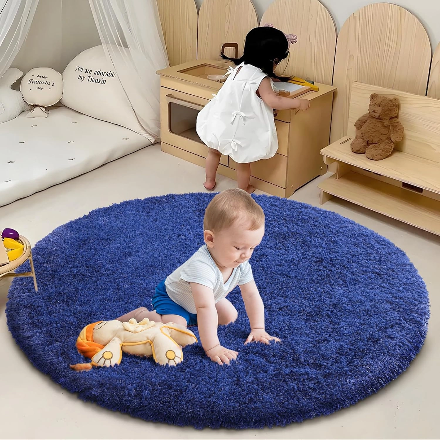 Blue Fluffy Round Area Rugs for Bedroom,3'X3'Shag Circle Area Rugs for Living Room,Non Slip Fuzzy Plush Rug for Kids Room Boys Girls Room and Dorm Home Decor Rug