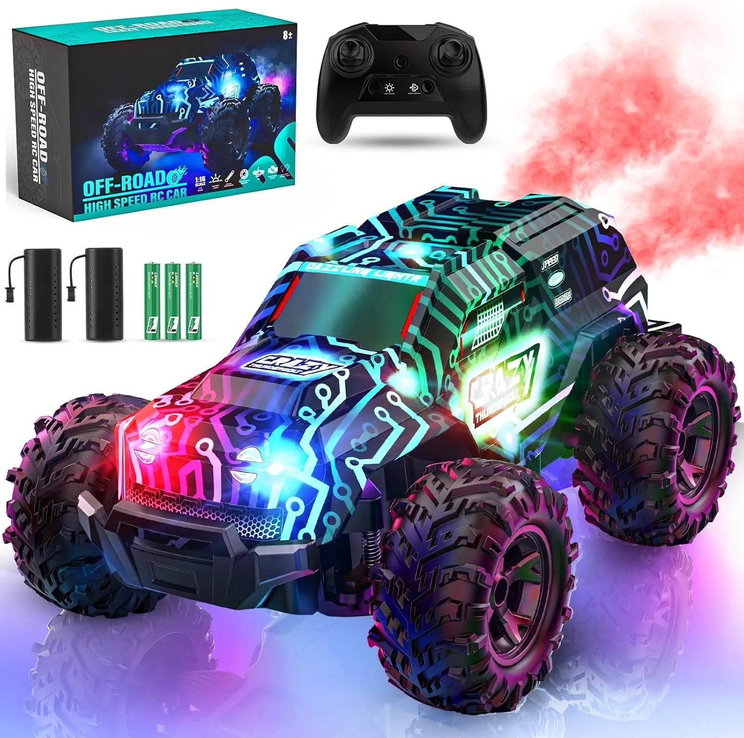BLUEJAY 2.4GHz High Speed RC Car, Offroad Monster Hobby Racing Car with LED Colorful Bodylight and Rechargeable Battery, Kids Toy Gifts 3-8 Years