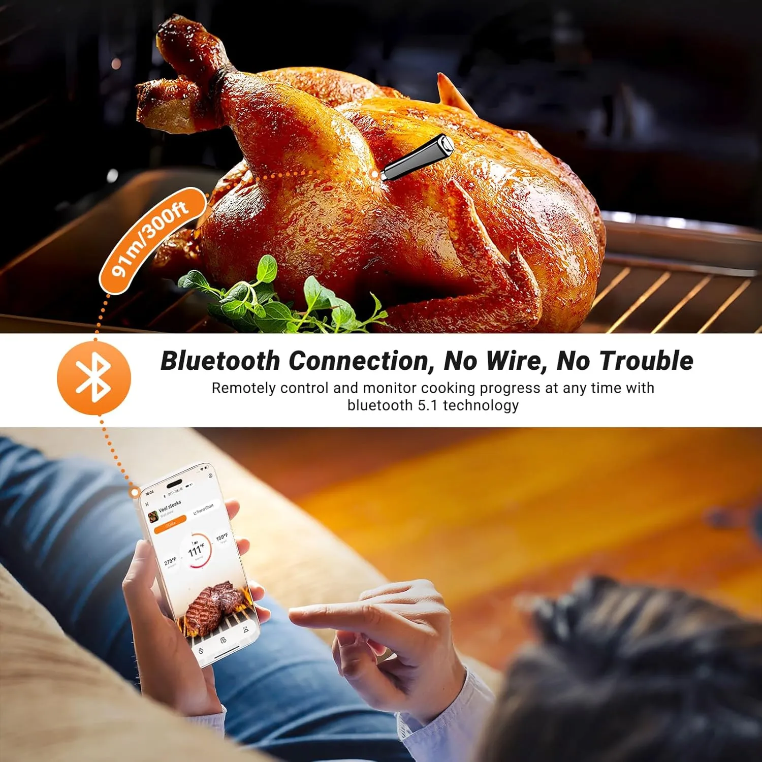 Bluetooth Meat Thermometer with App Remote Control，IP67 Waterproof Wireless Thermoemter for BBQ, Grill, Smoker, Oven, Rotisserie，Ideal for Continuous Cooking, Easy to Clean and Storage