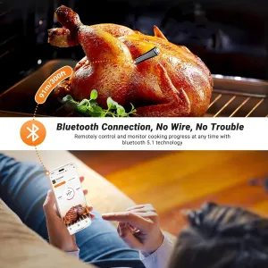 Bluetooth Meat Thermometer with App Remote Control，IP67 Waterproof Wireless Thermoemter for BBQ, Grill, Smoker, Oven, Rotisserie，Ideal for Continuous Cooking, Easy to Clean and Storage
