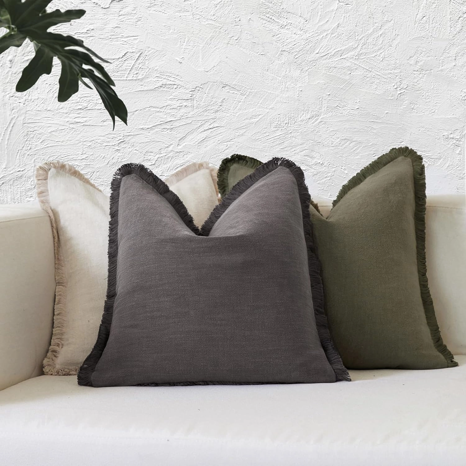 Boho Decorative Throw Pillow Covers with Fringe for Couch, Living Room, Bed Set of 2, 26x26 Inches, Charcoal Grey