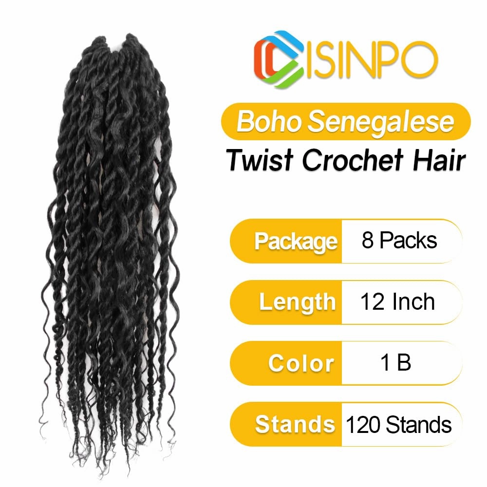 Boho Twist Crochet Hair 12 Inch, 8 Packs Wavy Senegalese Twist Crochet Hair with Curly Ends, Black Pre-Looped Pre-Twisted Island Style Goddess Passion Braids (120 Strands, 1B)