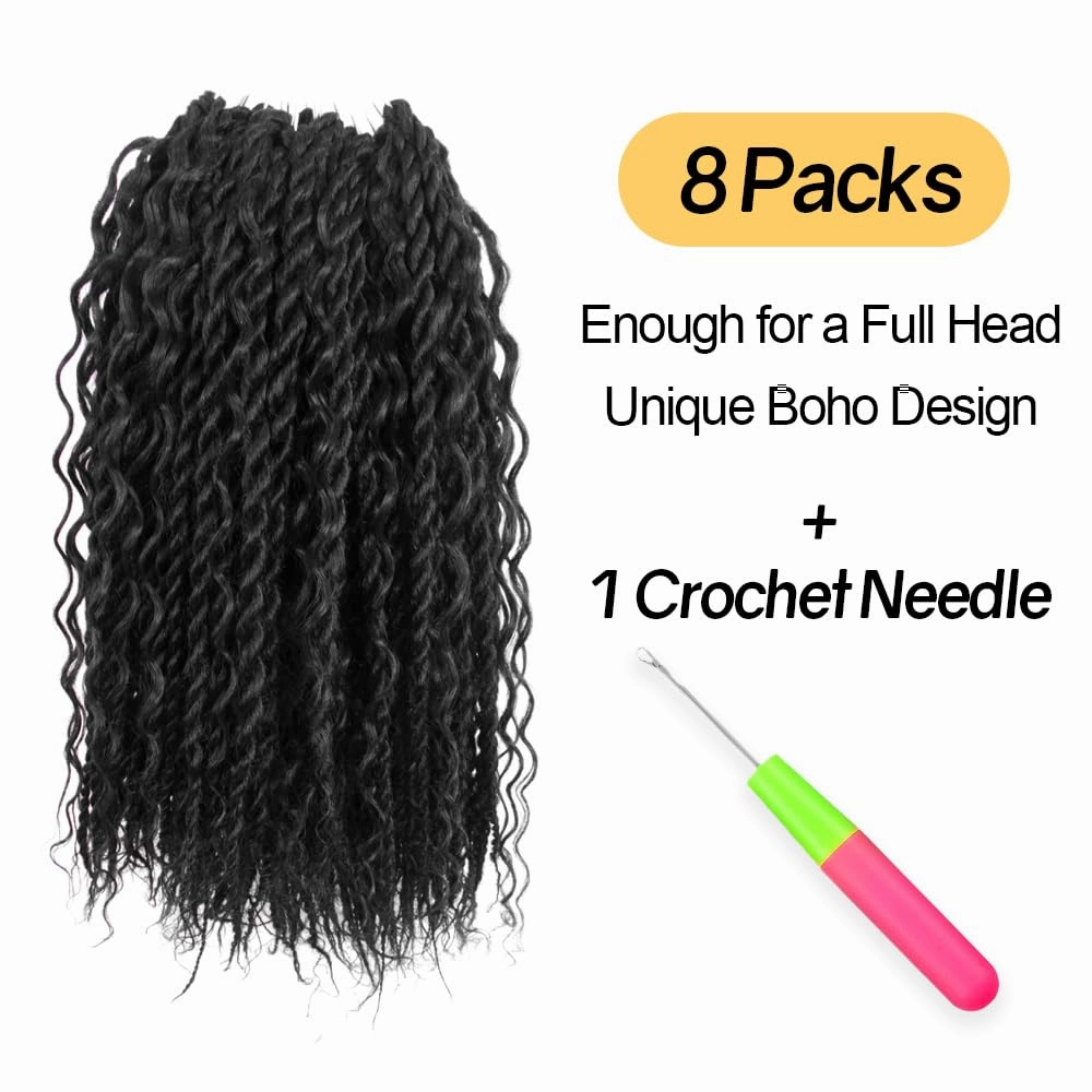 Boho Twist Crochet Hair 12 Inch, 8 Packs Wavy Senegalese Twist Crochet Hair with Curly Ends, Black Pre-Looped Pre-Twisted Island Style Goddess Passion Braids (120 Strands, 1B)