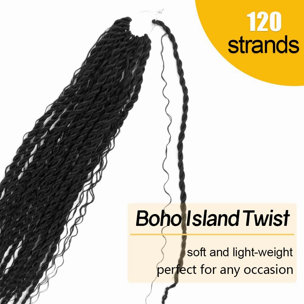 Boho Twist Crochet Hair 12 Inch, 8 Packs Wavy Senegalese Twist Crochet Hair with Curly Ends, Black Pre-Looped Pre-Twisted Island Style Goddess Passion Braids (120 Strands, 1B)