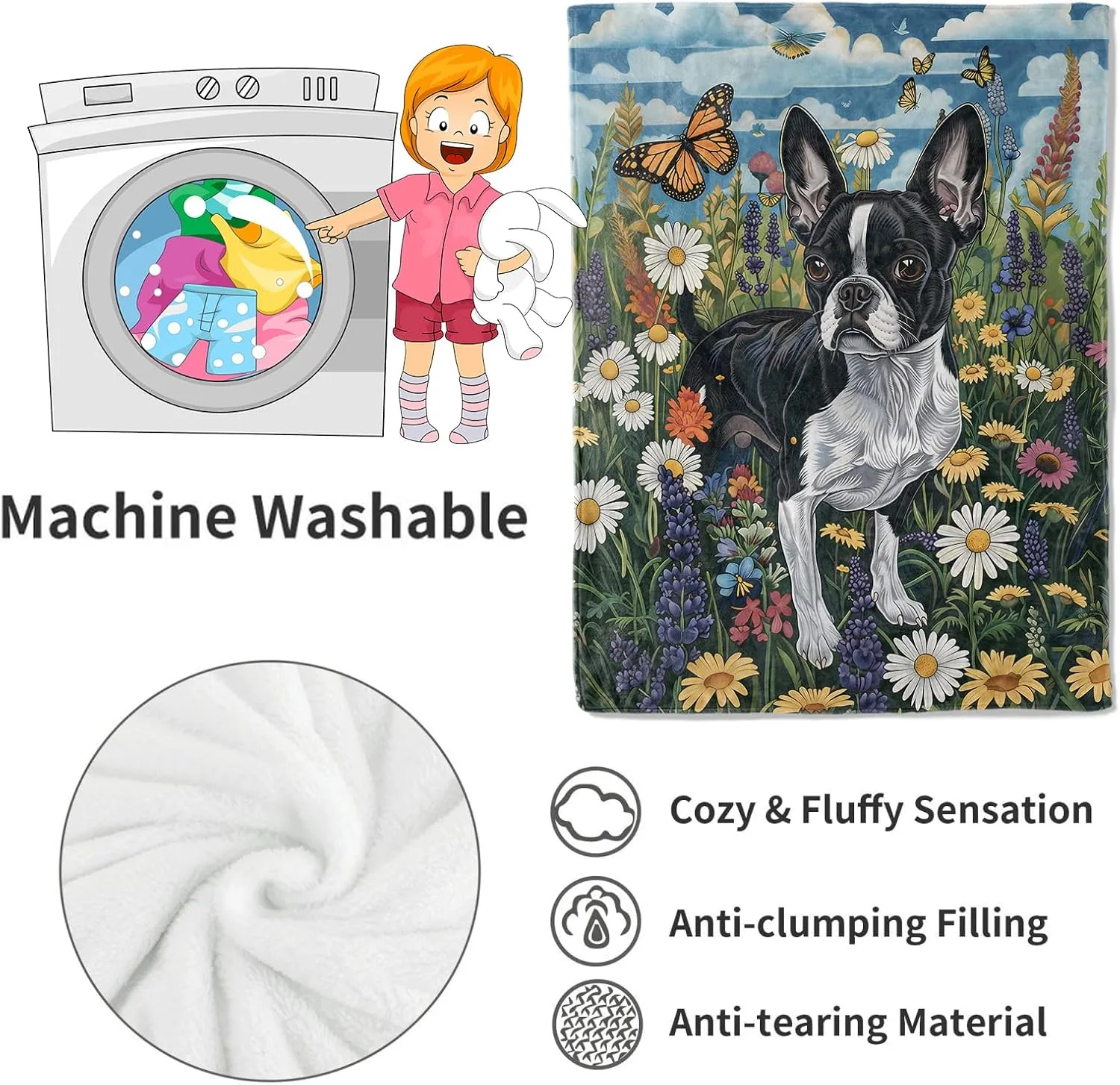 Boston Terrier Blanket Cute Dog Throw Blankets,Birthday Gifts for Kids Adult & Pet Lovers,Lightweight Soft Fleece with Wildflower and Butterfly,for Sofa Couch Bed Room Decor 50x60in