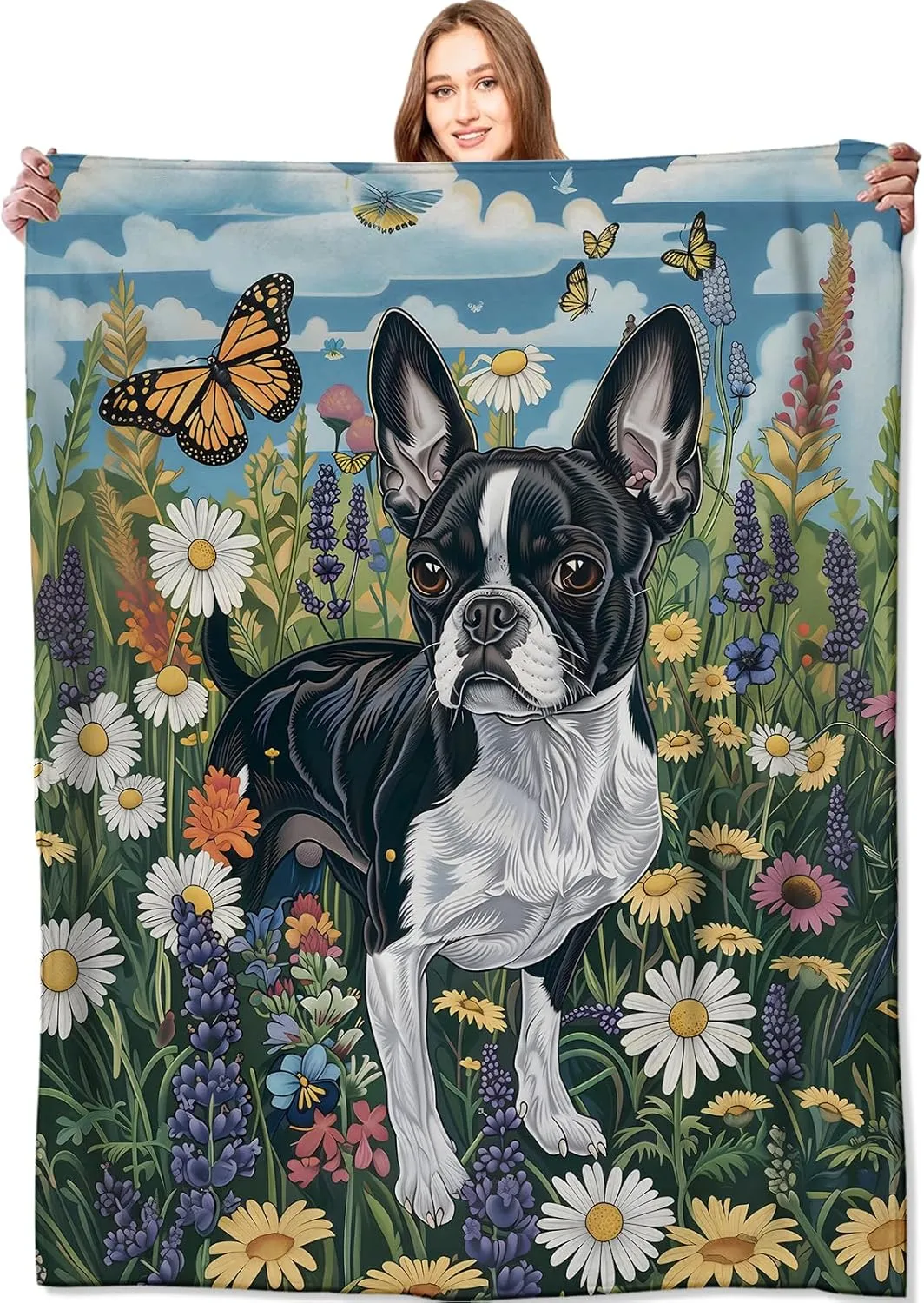 Boston Terrier Blanket Cute Dog Throw Blankets,Birthday Gifts for Kids Adult & Pet Lovers,Lightweight Soft Fleece with Wildflower and Butterfly,for Sofa Couch Bed Room Decor 50x60in