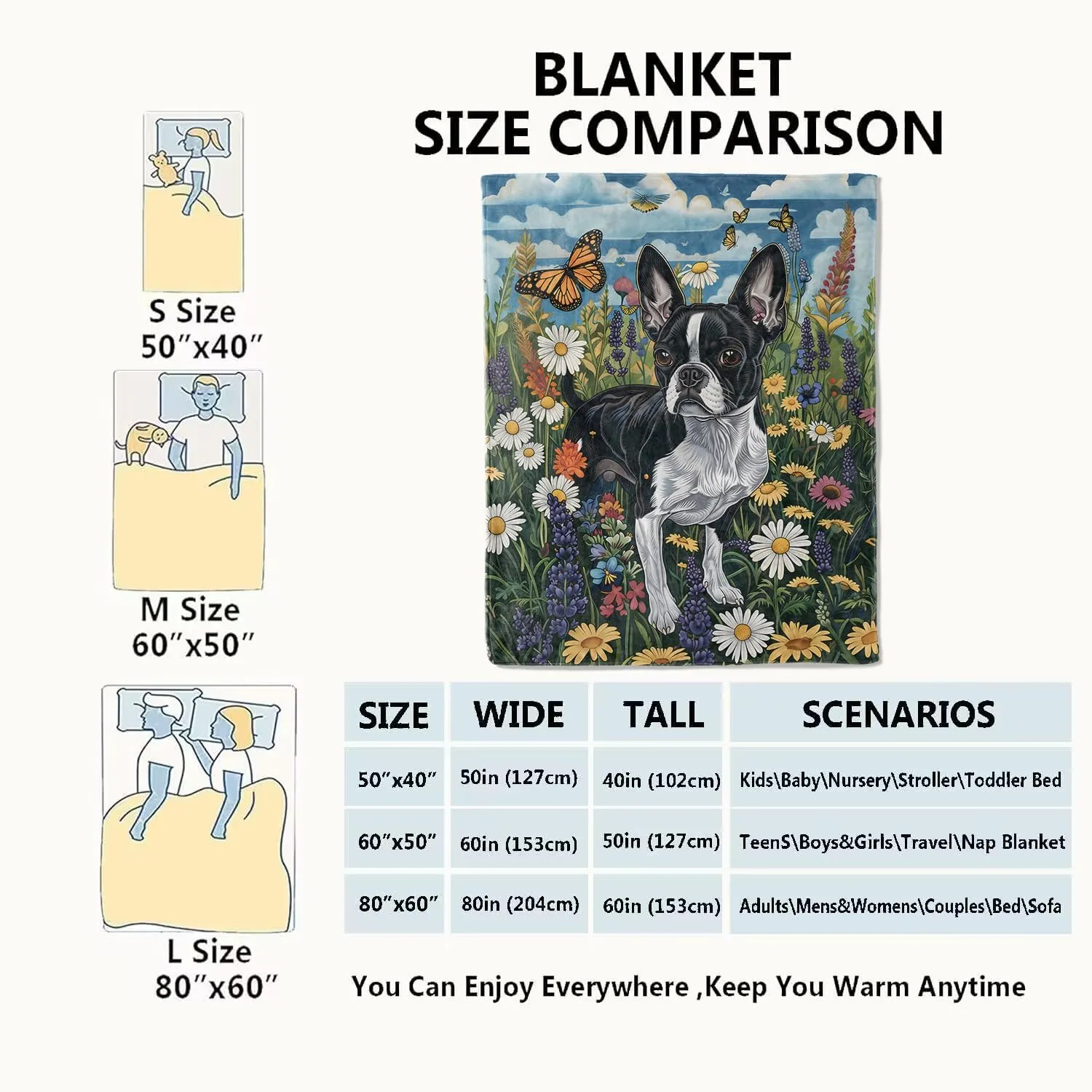 Boston Terrier Blanket Cute Dog Throw Blankets,Birthday Gifts for Kids Adult & Pet Lovers,Lightweight Soft Fleece with Wildflower and Butterfly,for Sofa Couch Bed Room Decor 50x60in