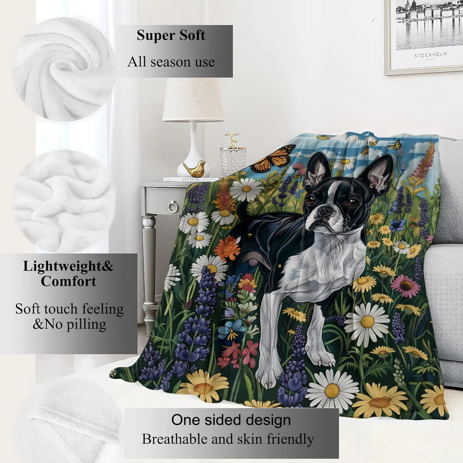 Boston Terrier Blanket Cute Dog Throw Blankets,Birthday Gifts for Kids Adult & Pet Lovers,Lightweight Soft Fleece with Wildflower and Butterfly,for Sofa Couch Bed Room Decor 50x60in