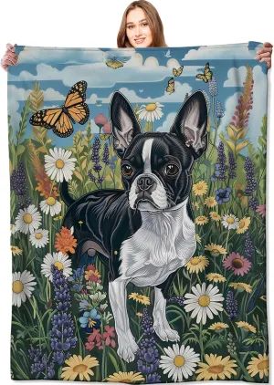 Boston Terrier Blanket Cute Dog Throw Blankets,Birthday Gifts for Kids Adult & Pet Lovers,Lightweight Soft Fleece with Wildflower and Butterfly,for Sofa Couch Bed Room Decor 50x60in