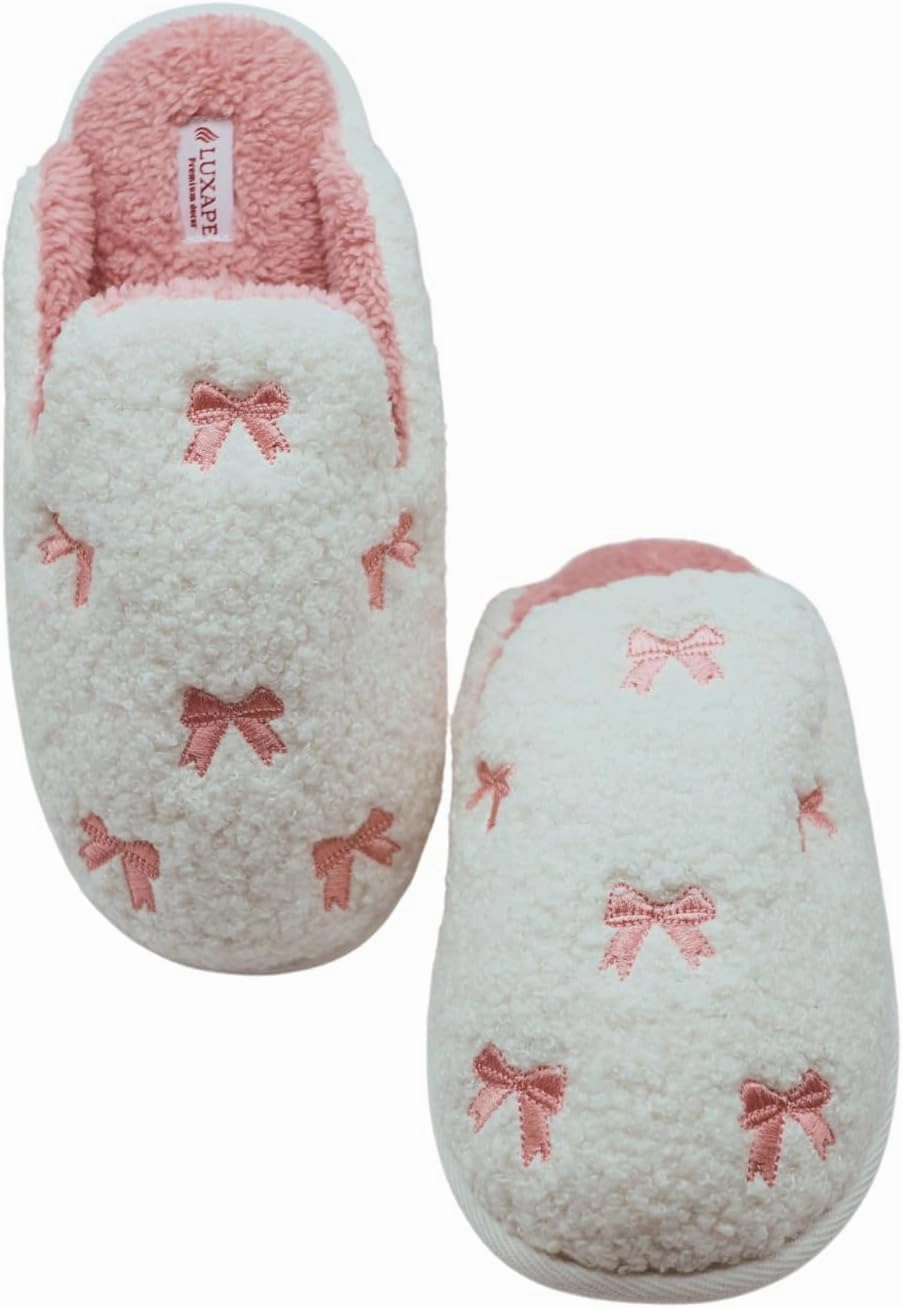 Bow Slippers Coquette Pink Slippers Memory Foam Cute Plush Fluffy Warm Fur slippers Indoor House Home Winter
