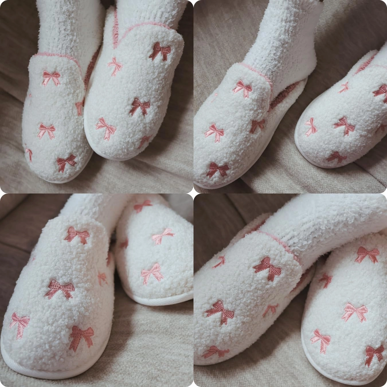 Bow Slippers Coquette Pink Slippers Memory Foam Cute Plush Fluffy Warm Fur slippers Indoor House Home Winter