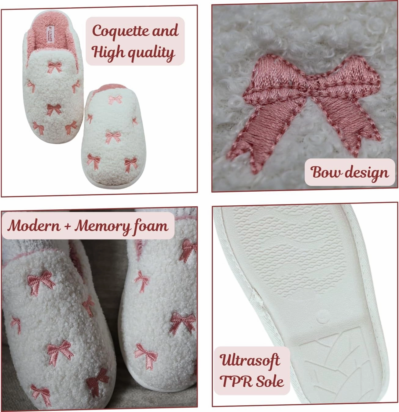 Bow Slippers Coquette Pink Slippers Memory Foam Cute Plush Fluffy Warm Fur slippers Indoor House Home Winter