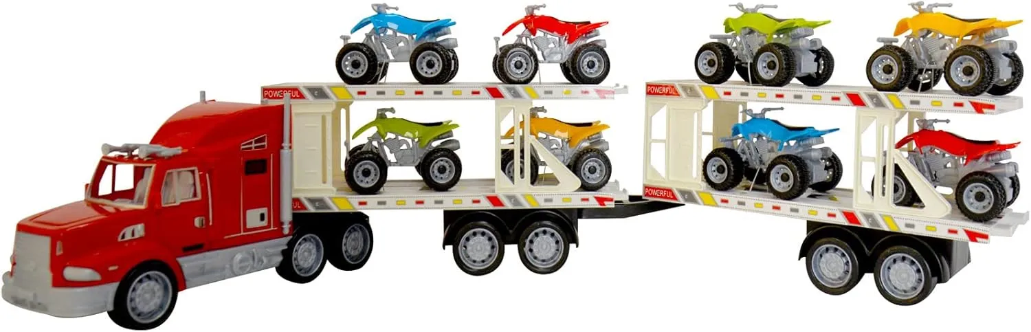 BPC Large Truck Rig Toy Transporter Vehicle Skid Proof Rubber Tires Truck Hauler Set with 8 Push and Go Friction Powered ATVs