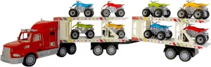 BPC Large Truck Rig Toy Transporter Vehicle Skid Proof Rubber Tires Truck Hauler Set with 8 Push and Go Friction Powered ATVs