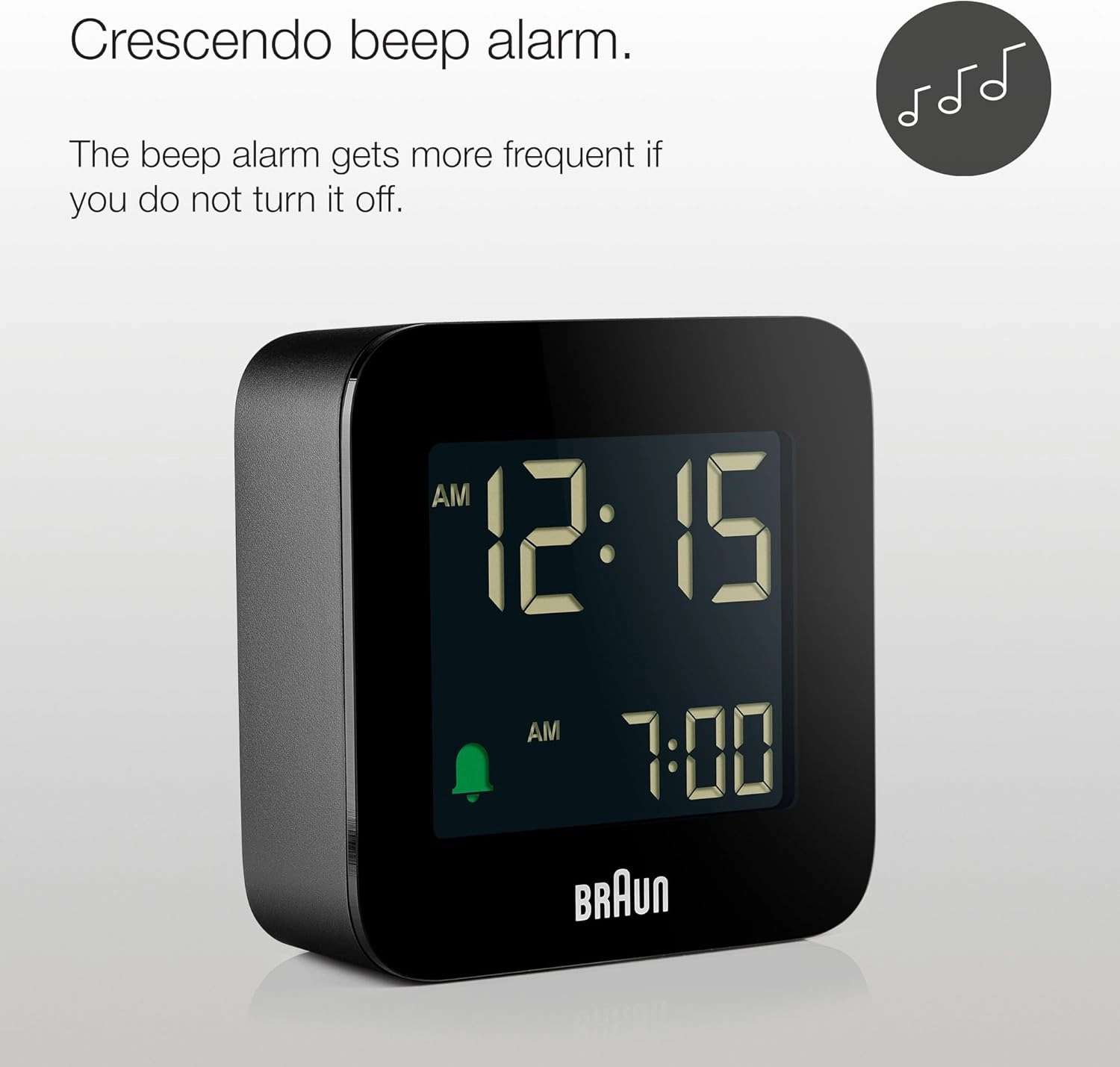 Braun Digital Travel Alarm Clock with Snooze, Compact Size, Negative LCD Display, Quick Set, Crescendo Beep Alarm in Black, Model BC08B (1-Pack)