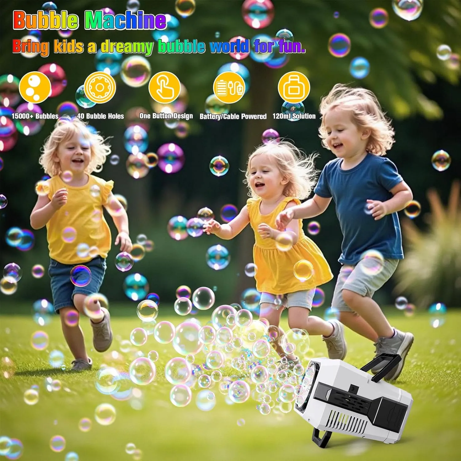 Bubble Machine for Kids, Automatic Bubble Blower 2 Speed Modes with Adjustable Stand, 40 Holes Electric Bubble Maker Toy 15000  Bubbles Per Minute with Solution for Outdoor Party Wedding