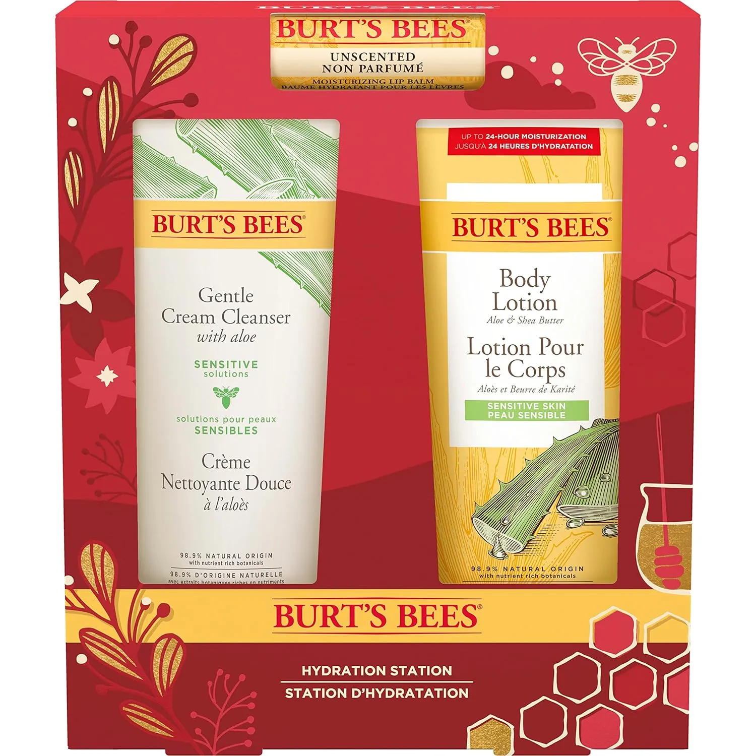 Burt's Bees Christmas Gifts, 3 Body Care Stocking Stuffers Products, Hydration Station Set - Unscented Lip Balm, Gentle Cream Cleanser & Aloe Shea Butter Body Lotion