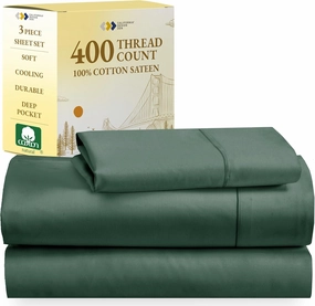 California Design Den Soft Twin Sheets Set - 400 Thread Count Sateen, Natural 100% Cotton Sheets, Deep Pockets, Cooling and Durable Bedding Set for Dorm Rooms & Adults - Hunter Green