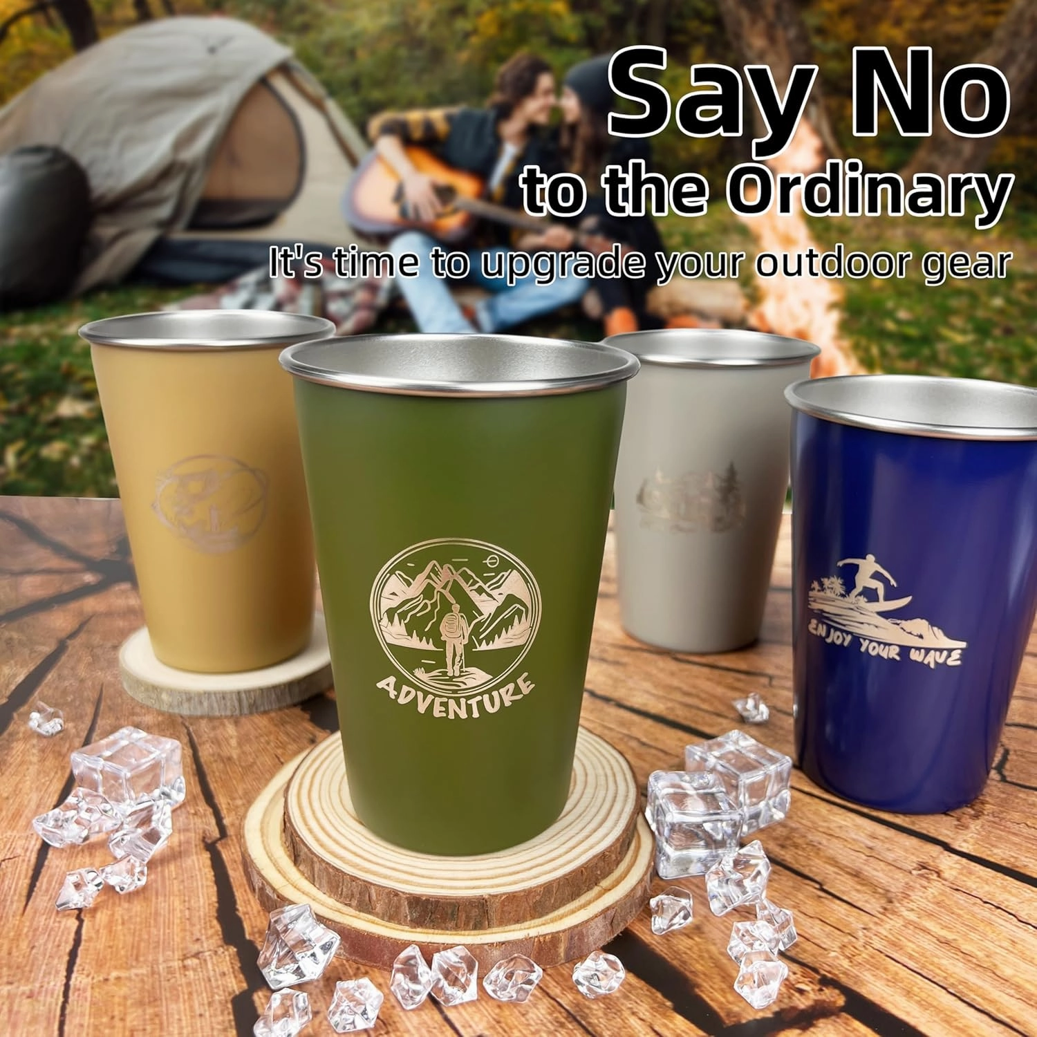 Camping Cup 16oz (4 Pack) 18/8 Stainless Steel Cup for Outdoor Picnic Hiking Fishing Surfing Party Pint cup Metal Mug Tumbler Camping Gift for Him (4 colors)