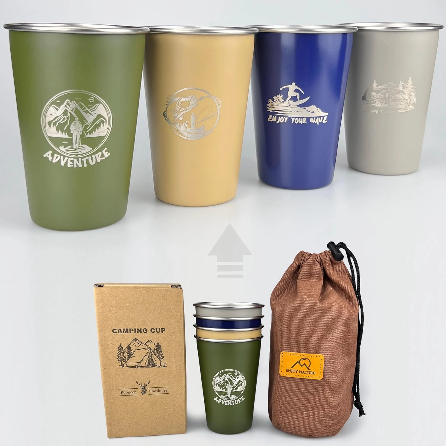 Camping Cup 16oz (4 Pack) 18/8 Stainless Steel Cup for Outdoor Picnic Hiking Fishing Surfing Party Pint cup Metal Mug Tumbler Camping Gift for Him (4 colors)