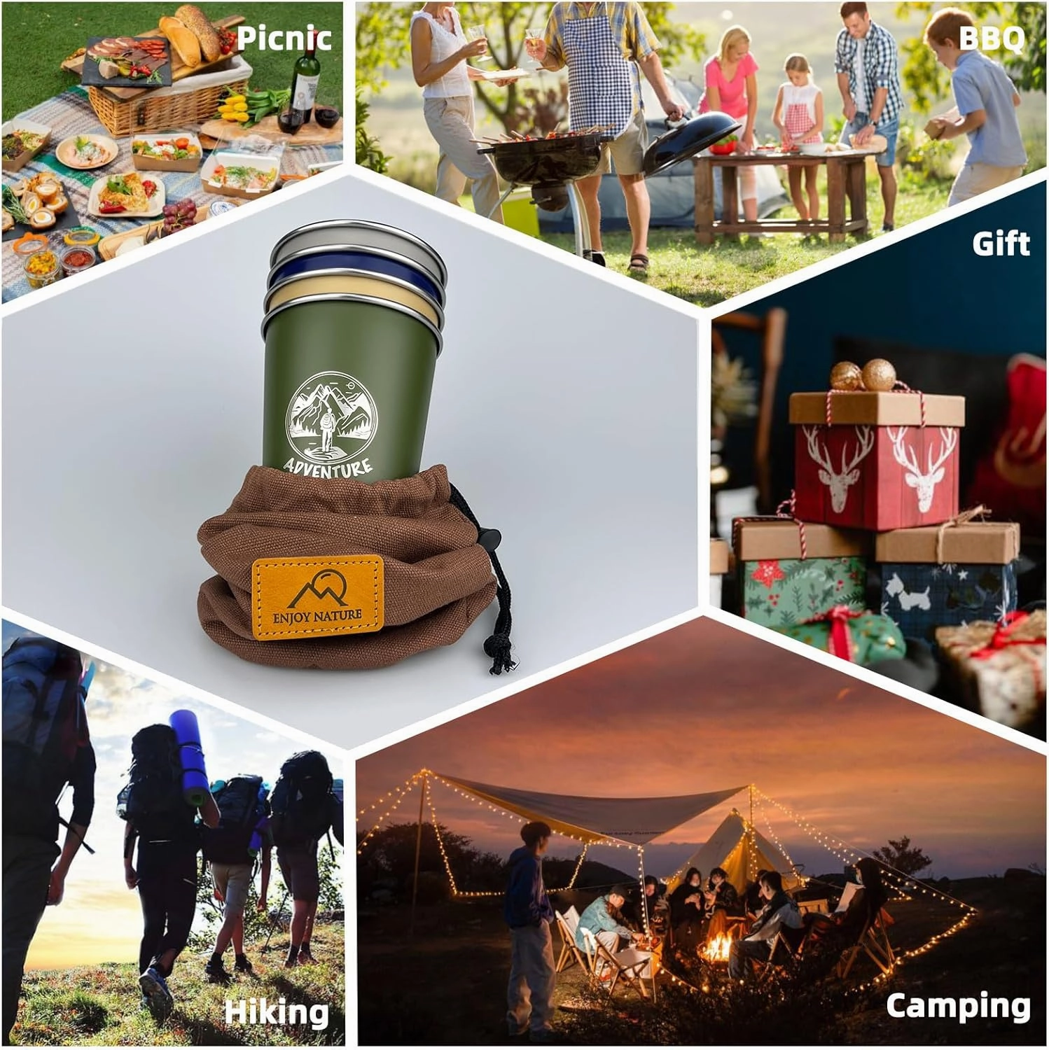 Camping Cup 16oz (4 Pack) 18/8 Stainless Steel Cup for Outdoor Picnic Hiking Fishing Surfing Party Pint cup Metal Mug Tumbler Camping Gift for Him (4 colors)