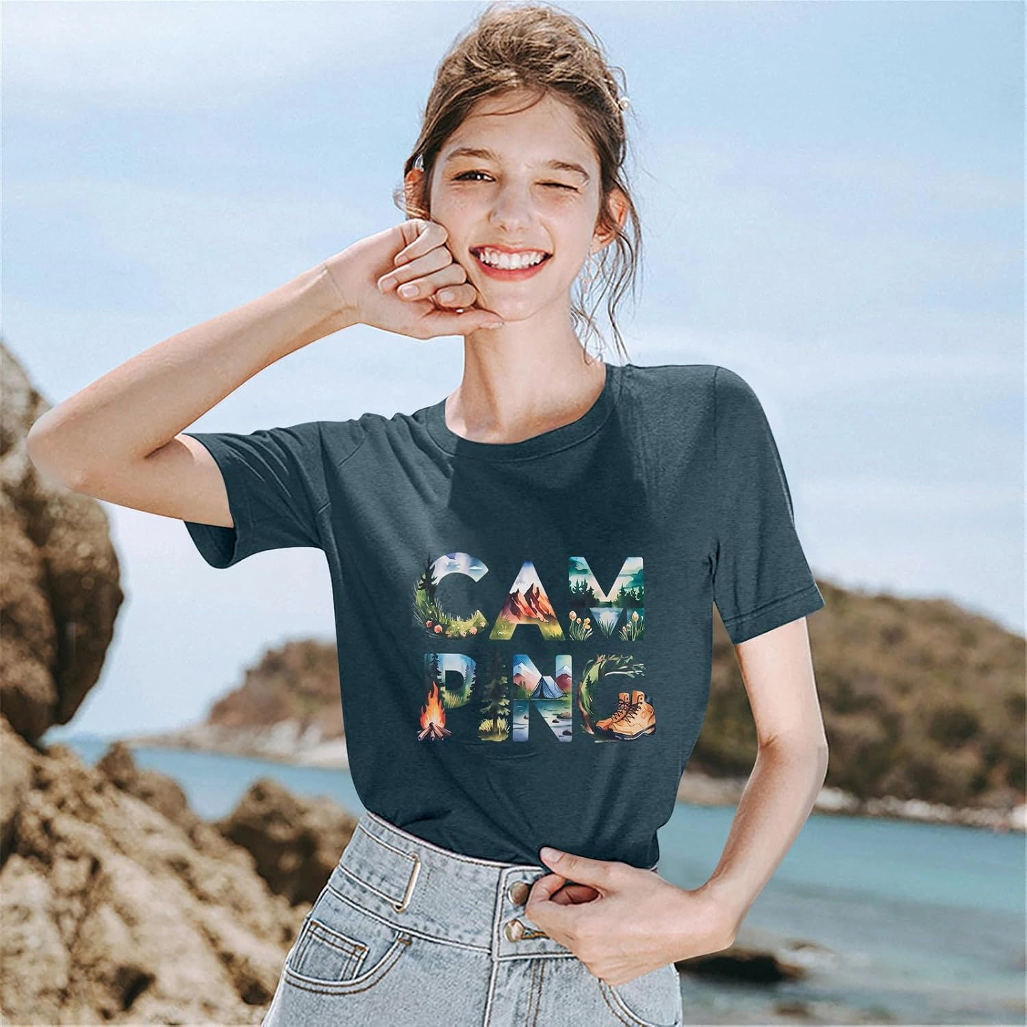 Camping Shirts Hiking Adventure T-Shirt: Camper Gifts Tops Women Vintage Mountain Nature Graphic Tees Short Sleeve Outfit
