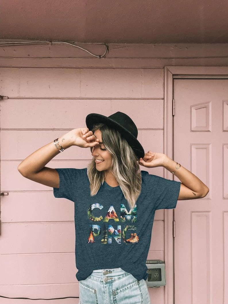 Camping Shirts Hiking Adventure T-Shirt: Camper Gifts Tops Women Vintage Mountain Nature Graphic Tees Short Sleeve Outfit