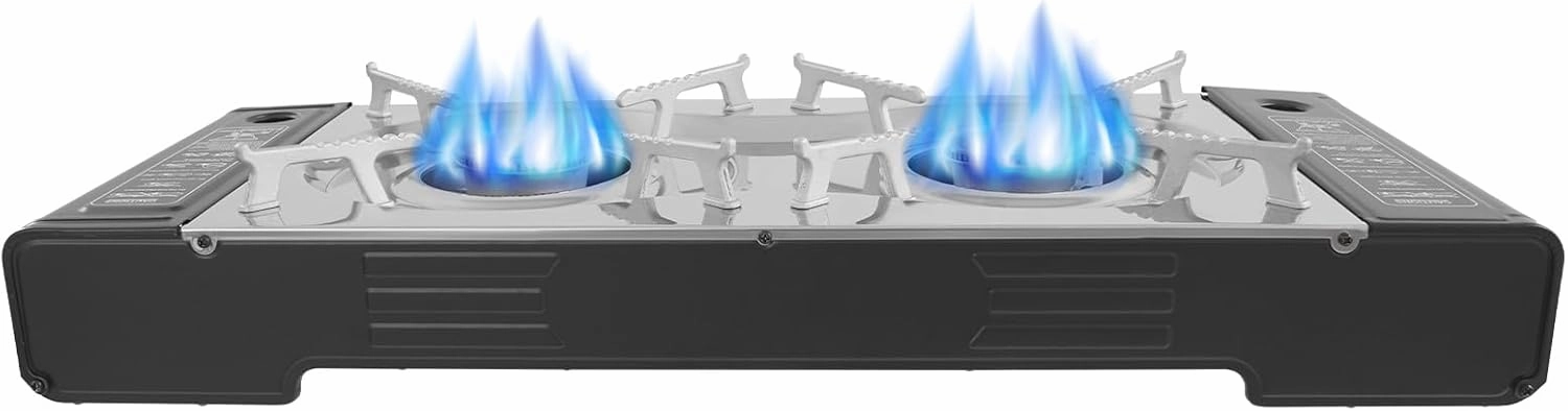 Camping Stove 2 Burners, 2500W Portable Gas stove with Baking Pan and Storage Case, Double Auto Ignition Camping Burner for Camping Trips, Gatherings, or Other Outdoor Cooking
