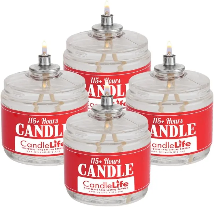 CandleLife Emergency Survival Candle (Set of 4) - 115 Hours Long Lasting Burning Time - Great Source of Light for Blackout, Camping, Fishing and Hunting - Smoke & Odor-Free | Clear Mist