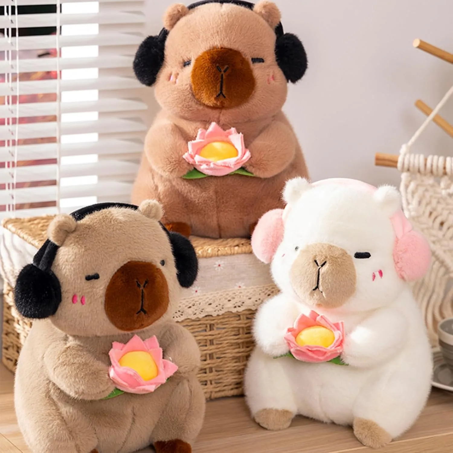 Capybara Stuffed Animal Capybara Plush Toy with Headphones and Pink Rose, Capybara Plush Soft Capybara Plush Doll Pillow Home Birthday Decorations Gifts for Kids Girls and Boys15 inch