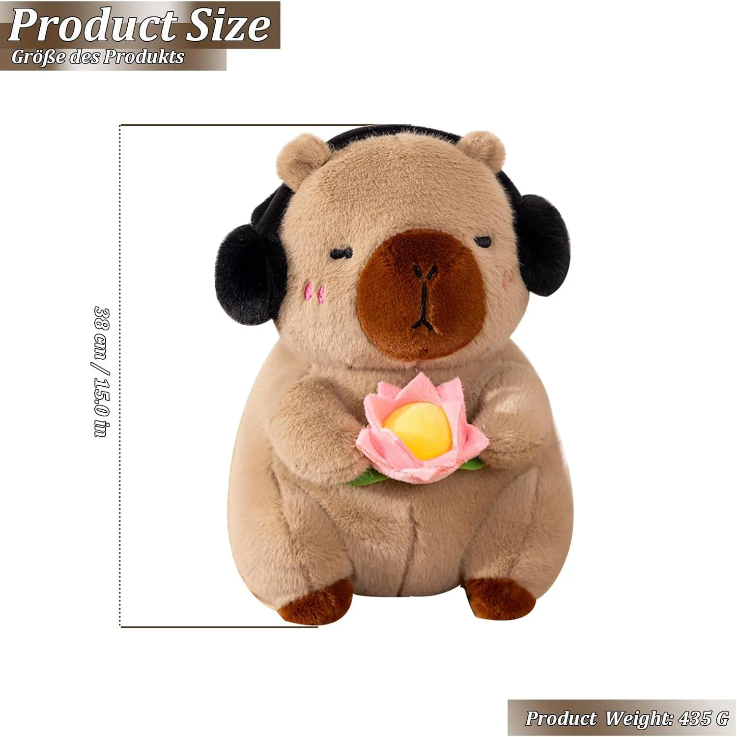 Capybara Stuffed Animal Capybara Plush Toy with Headphones and Pink Rose, Capybara Plush Soft Capybara Plush Doll Pillow Home Birthday Decorations Gifts for Kids Girls and Boys15 inch
