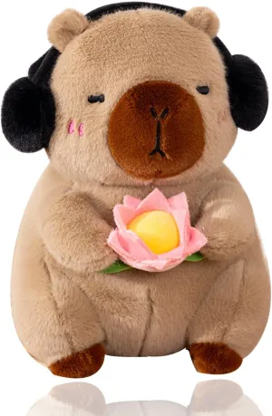 Capybara Stuffed Animal Capybara Plush Toy with Headphones and Pink Rose, Capybara Plush Soft Capybara Plush Doll Pillow Home Birthday Decorations Gifts for Kids Girls and Boys15 inch