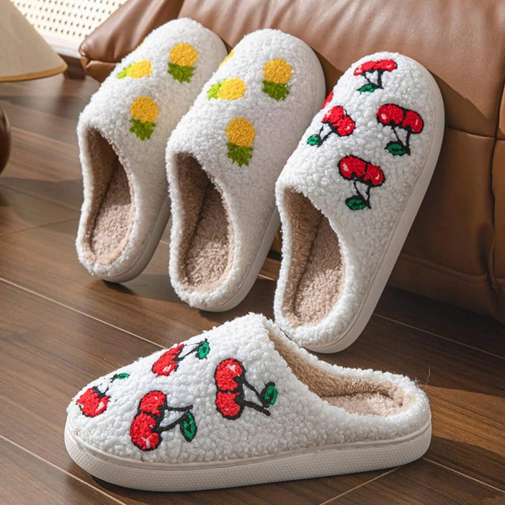Cartoon Slippers for Women Men, Soft Fluffy Warm Lightweight Non-Slip Cute House Slippers Slip-On Cozy Indoor Outdoor Heart Meet Ne at Night Mushroom Cherry Strawberry Evil Eye Slippers