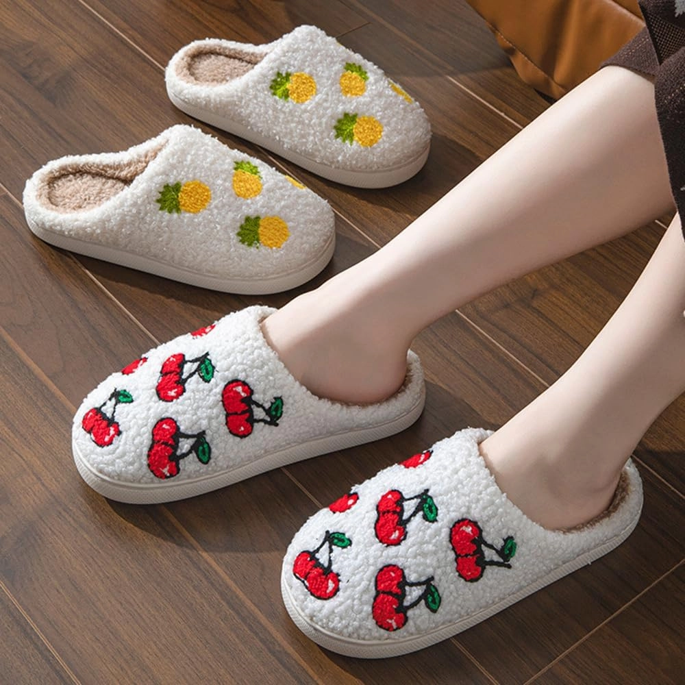 Cartoon Slippers for Women Men, Soft Fluffy Warm Lightweight Non-Slip Cute House Slippers Slip-On Cozy Indoor Outdoor Heart Meet Ne at Night Mushroom Cherry Strawberry Evil Eye Slippers