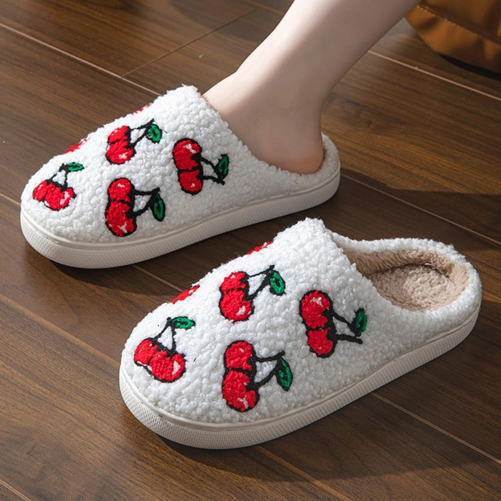Cartoon Slippers for Women Men, Soft Fluffy Warm Lightweight Non-Slip Cute House Slippers Slip-On Cozy Indoor Outdoor Heart Meet Ne at Night Mushroom Cherry Strawberry Evil Eye Slippers