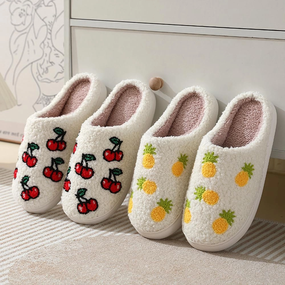 Cartoon Slippers for Women Men, Soft Fluffy Warm Lightweight Non-Slip Cute House Slippers Slip-On Cozy Indoor Outdoor Heart Meet Ne at Night Mushroom Cherry Strawberry Evil Eye Slippers