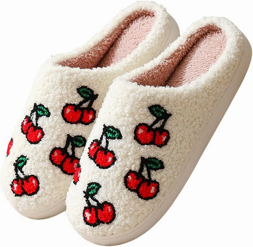 Cartoon Slippers for Women Men, Soft Fluffy Warm Lightweight Non-Slip Cute House Slippers Slip-On Cozy Indoor Outdoor Heart Meet Ne at Night Mushroom Cherry Strawberry Evil Eye Slippers
