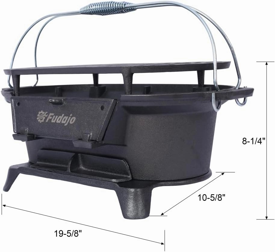 Cast Iron Grill Outdoor, Portable Charcoal and Tabletop Skillet - 100% Cast Iron, Enameled, Durable (Black Oval)