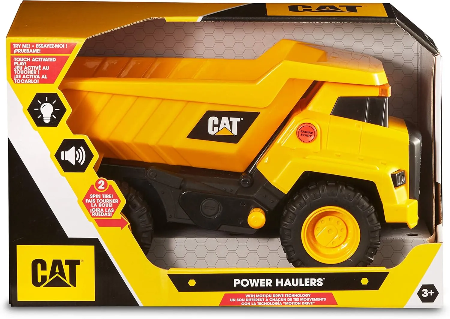 CAT Construction Toys, Power Haulers Dump Truck, Realistic Lights and Sounds, Motion Drive Technology, Working Features, & Realistic Construction Experience.